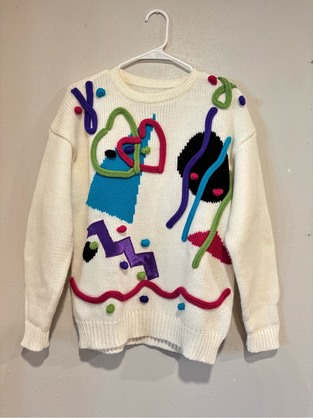 Vintage 80s/90s Gitano Abstract 3D Appliqué Sweater Size M Colorful Memphis Art